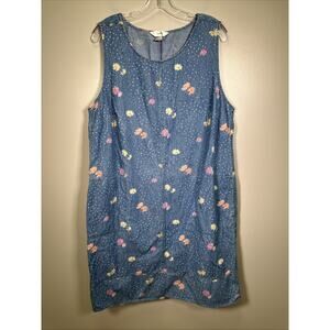 CJ Banks Shift Dress Womens 1X Chambray‎ Denim Floral Polka Dot Summer Y2K